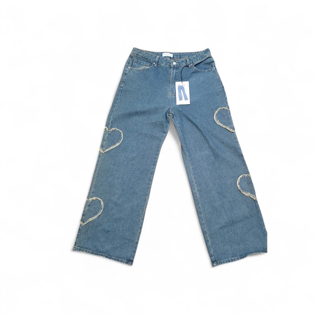 NWT - Angel Kiss Blue Wide Leg Denim Jeans with Heart Side Details - Size 11/30
